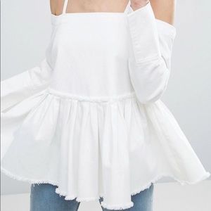 ASOS off-shoulder white denim peplum ruffle top